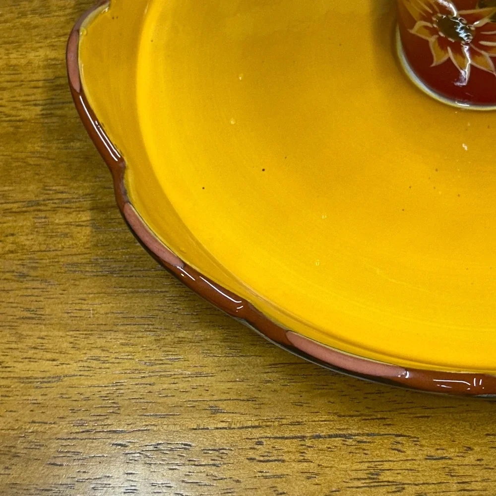 Pier 1 Imports Sunflower Hand Painted Terracotta Cake Stand Pedestal Server